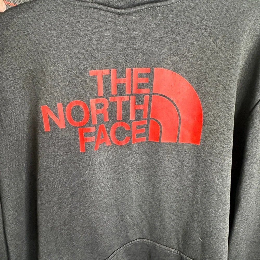 The North Face Mens XL Grey Red Logo Pullover Fleece Hoodie Sweatshirt READ